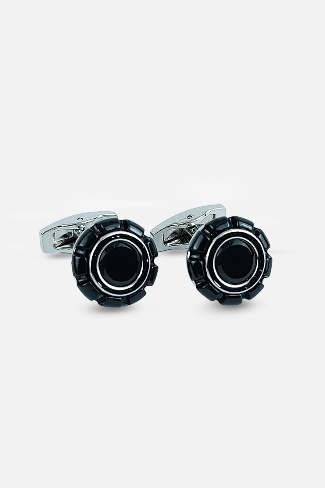 Silver-Tone Gear-Edge Onyx Inlay Cufflinks (Cufflink 435)