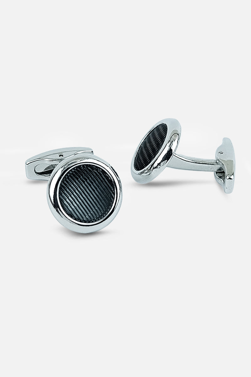 Silver-Tone Linear Textured Charcoal Cufflinks (Cufflink 437)