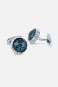 Silver-Tone Teal Patterned Glass Cufflinks (Cufflink 438)