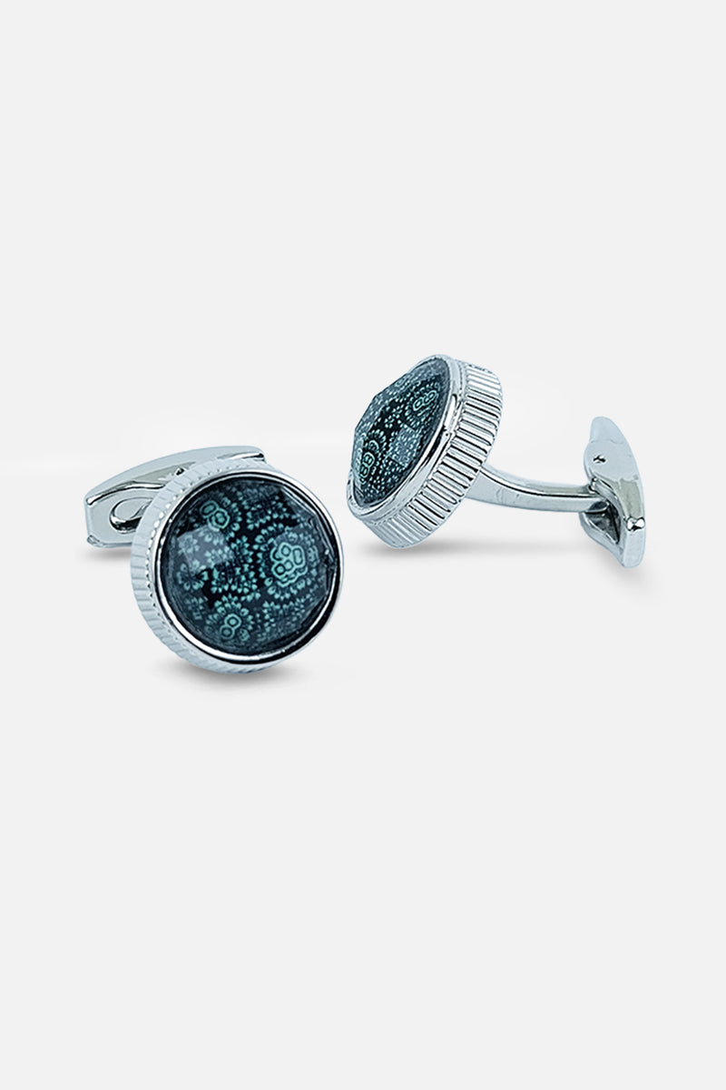 Silver-Tone Teal Patterned Glass Cufflinks (Cufflink 438)