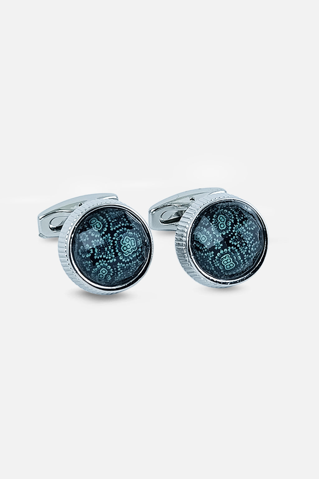 Silver-Tone Teal Patterned Glass Cufflinks (Cufflink 438)