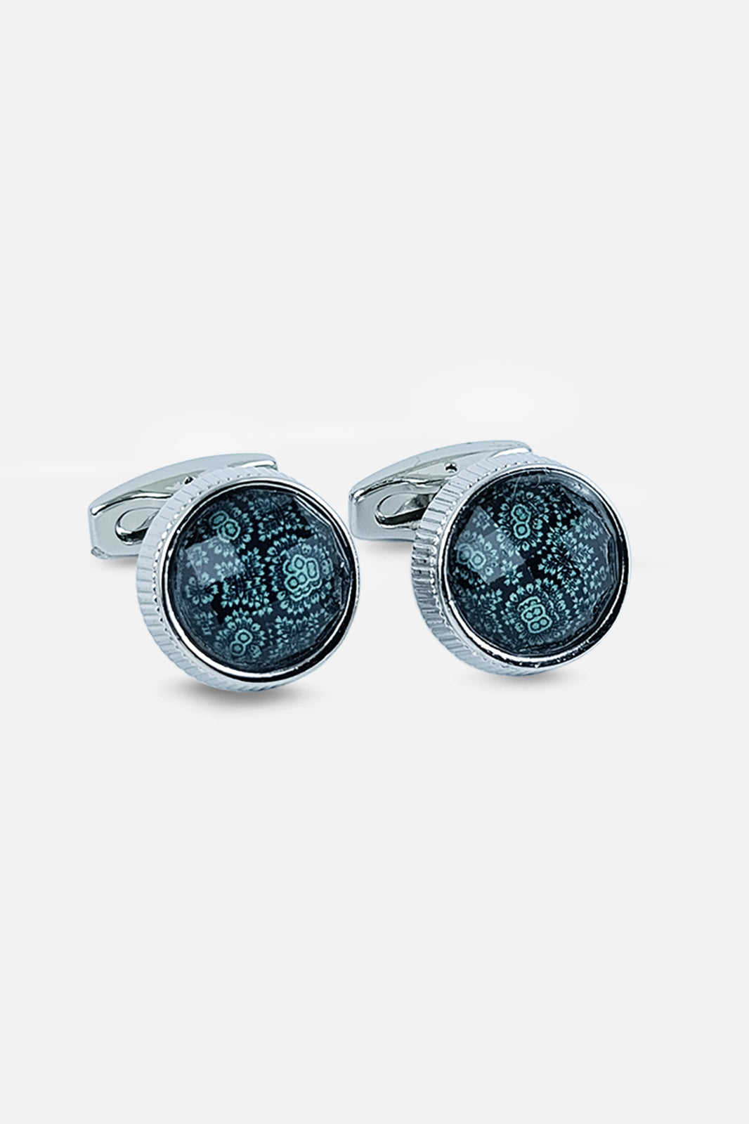 Silver-Tone Teal Patterned Glass Cufflinks (Cufflink 438)