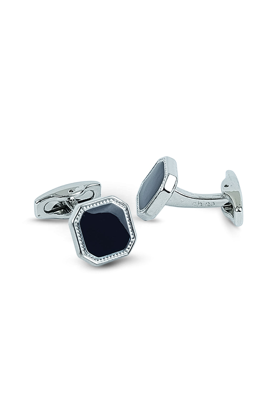 Silver-Tone Beaded Octagonal Navy Inlay Cufflinks (Cufflink 449)