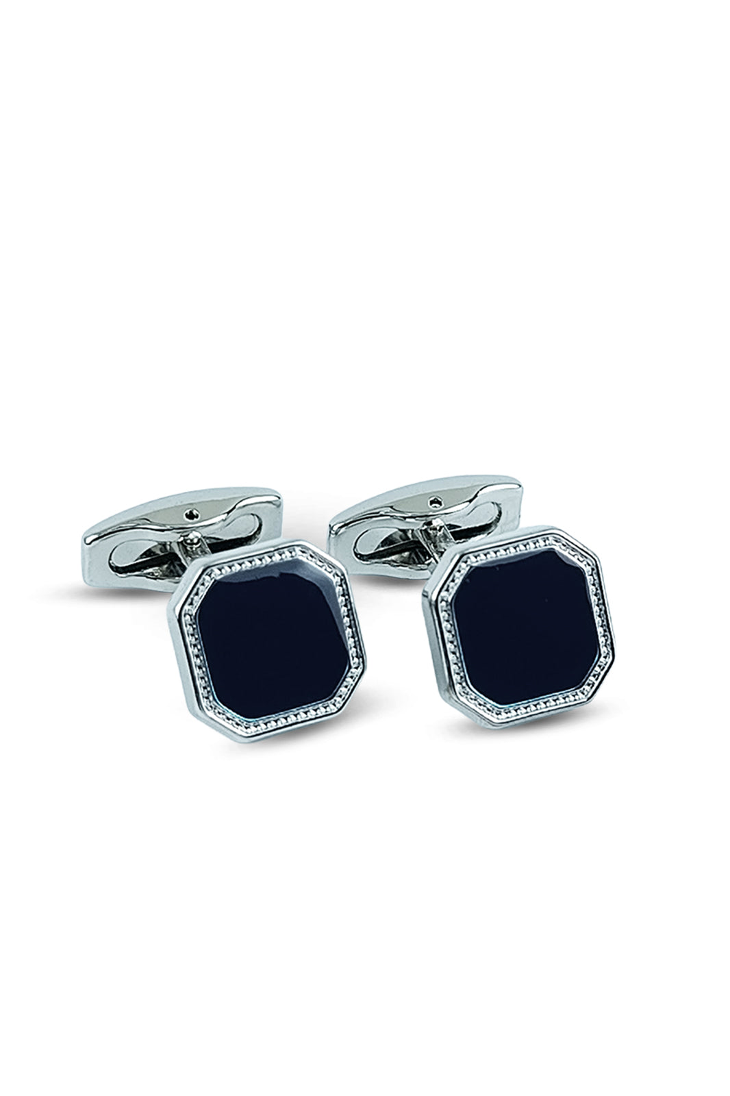 Silver-Tone Beaded Octagonal Navy Inlay Cufflinks (Cufflink 449)