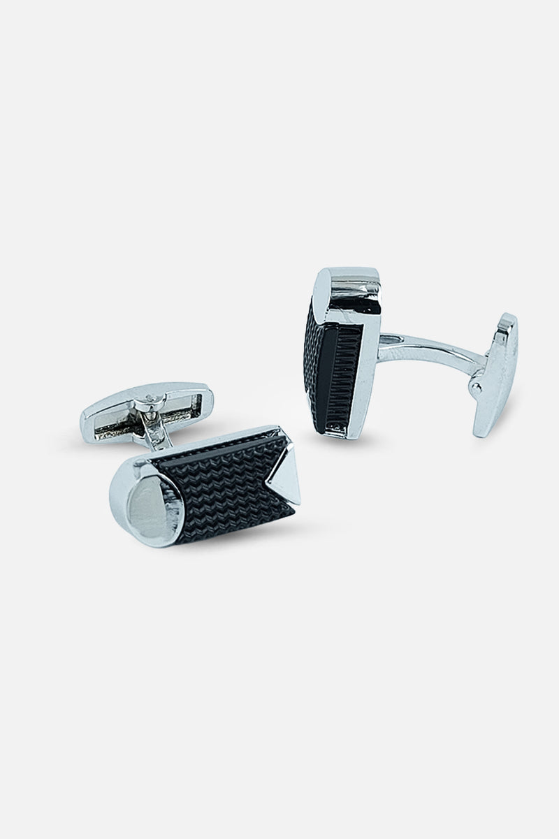 Sleek Silver & Black Architectural Barrel Cufflinks (Cufflink 452)