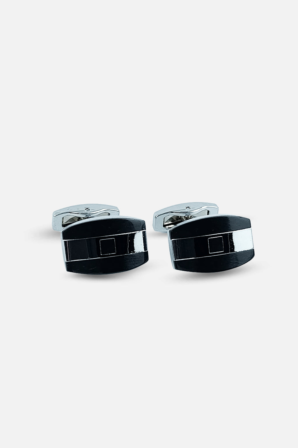 Sleek Silver & Black Geometric Barrel Cufflinks (Cufflink 454)