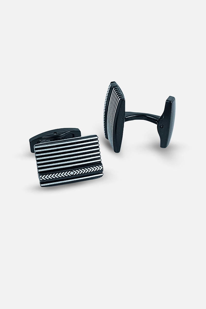 Sleek Black & Silver Ribbed Rectangular Cufflinks (Cufflink 458)