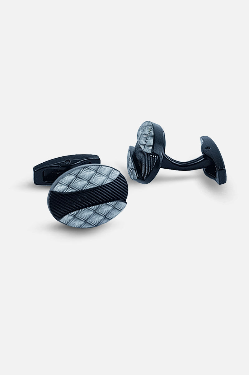 Sleek Black & Silver Textured Oval Cufflinks (Cufflink 464)