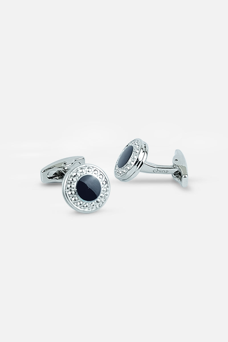 Silver-Tone Round Navy Enamel & Zircon Cufflinks (Cufflink 430)