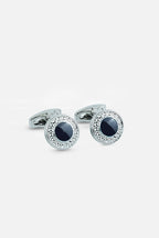 Silver-Tone Round Navy Enamel & Zircon Cufflinks (Cufflink 430)