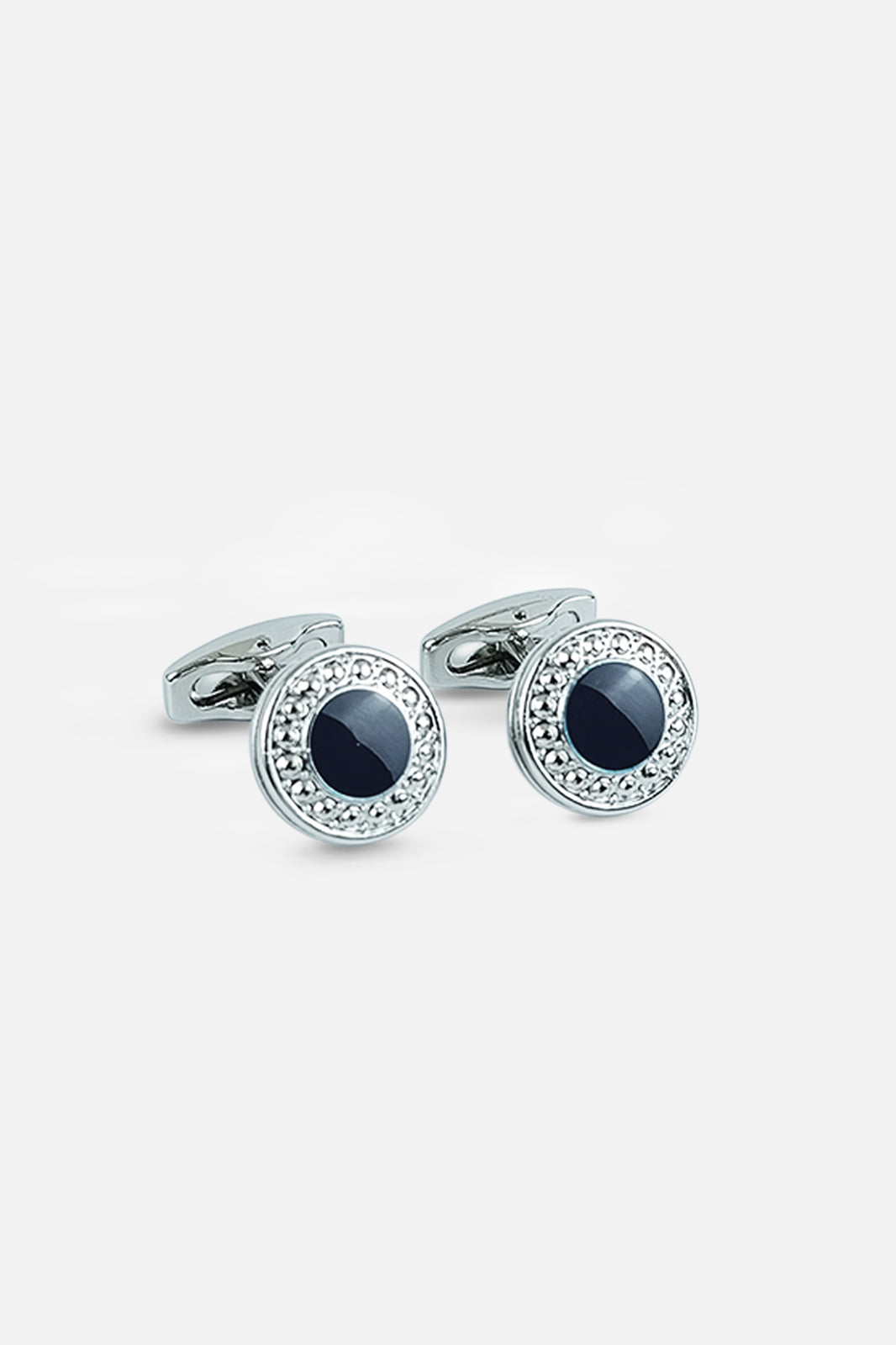 Silver-Tone Round Navy Enamel & Zircon Cufflinks (Cufflink 430)