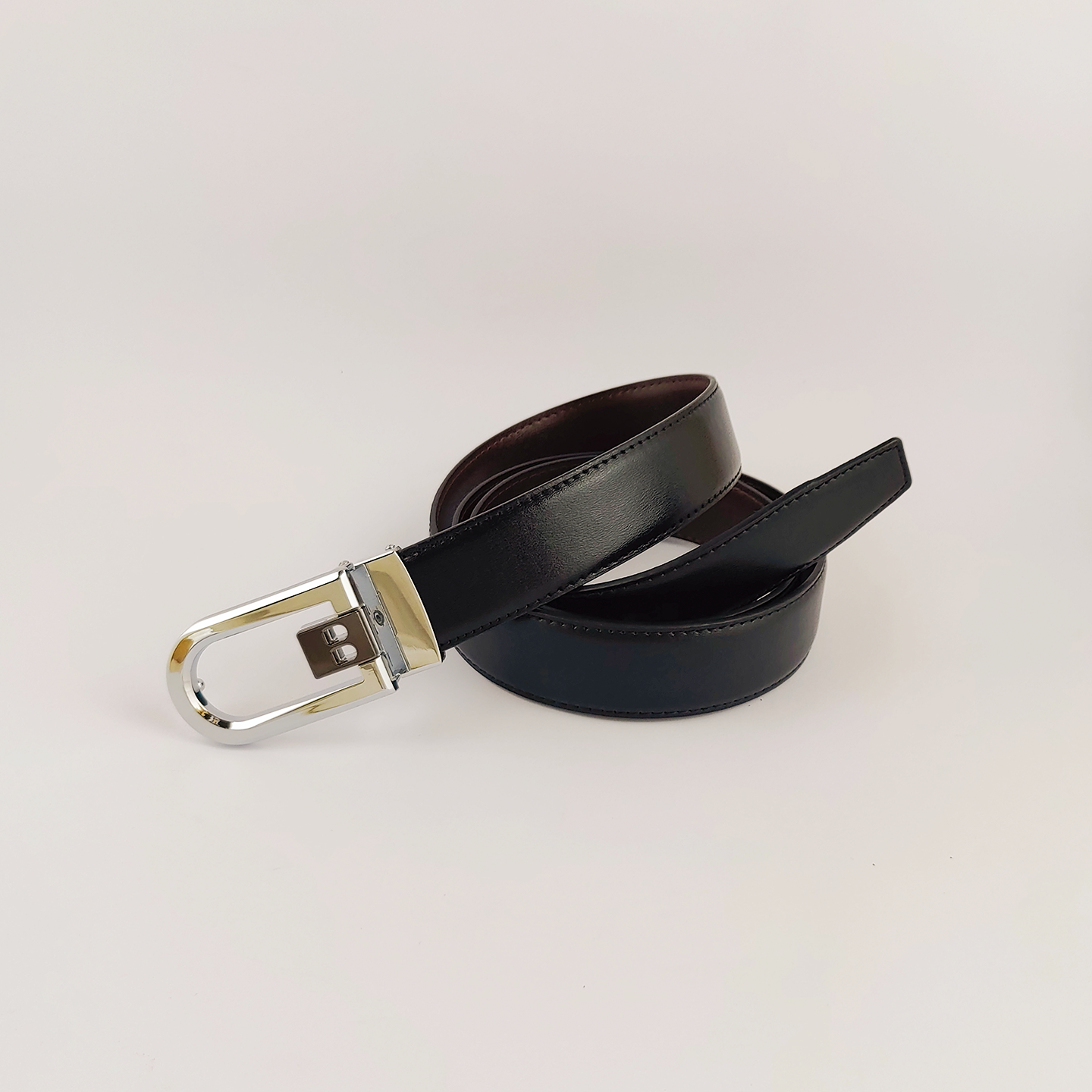 Premium silver buckle black & peacan brown leather formal belt