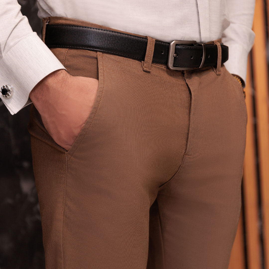 Dark Brown Dobby Textured Stretch Slim Fit Chino Pant