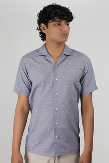 Navy & Grey Jacquard Cuban Shirt - Premium Weave
