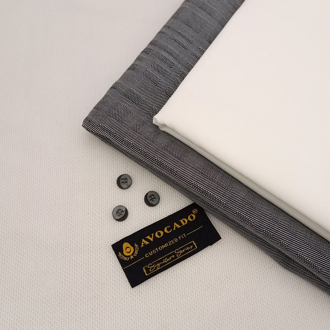Dark Grey Jackquard Texture Cotton Kurta Fabric & Egg White Broadcloth Trouser fabric with Buttons & label