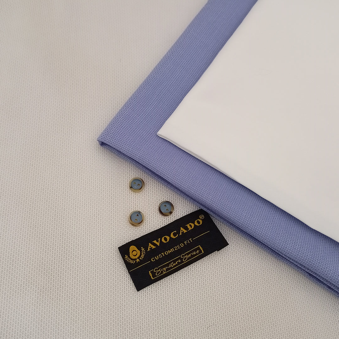 Blue Self Texture Kameez & White Trouser fabric with Buttons & label