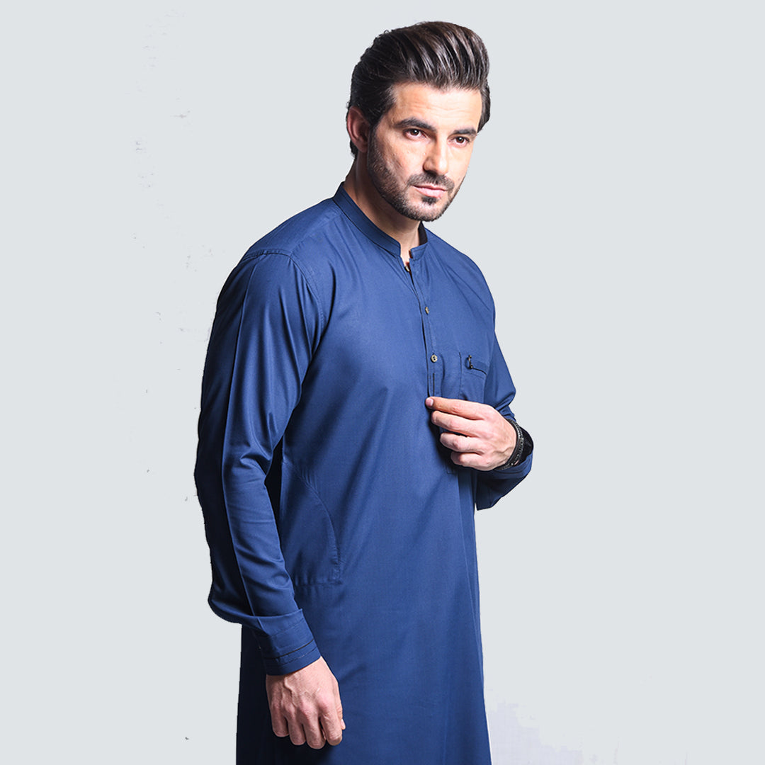 PREMIUM DARK BLUE DESIGNER BLANDED SHERWANI COLLAR SHALWAR KAMEEZ By Avocado menswear