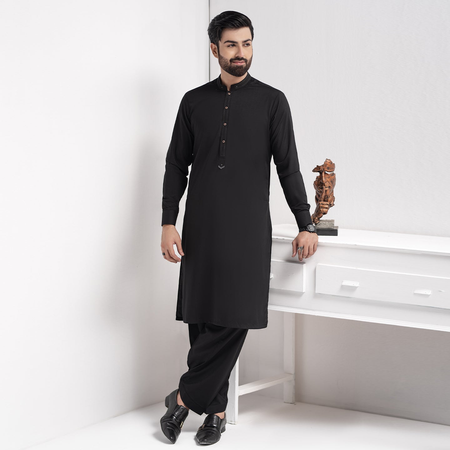 Black Premium Blanded Designer Sherwani Collar Shalwar Kameez