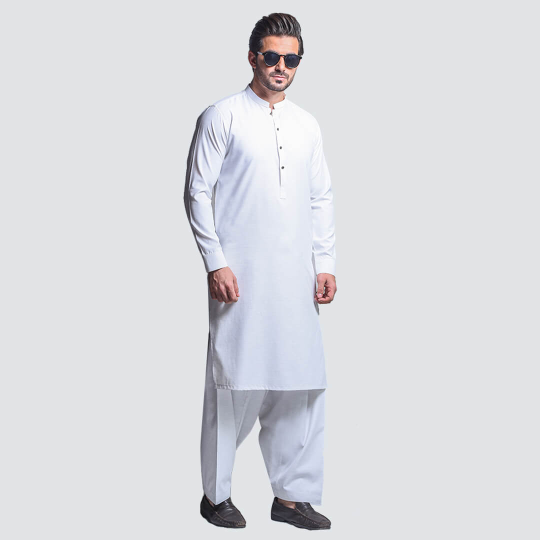 OFF WHITE LIGHT TEXTURE COTTON  SHERWANI COLLAR SHALWAR KAMEEZ