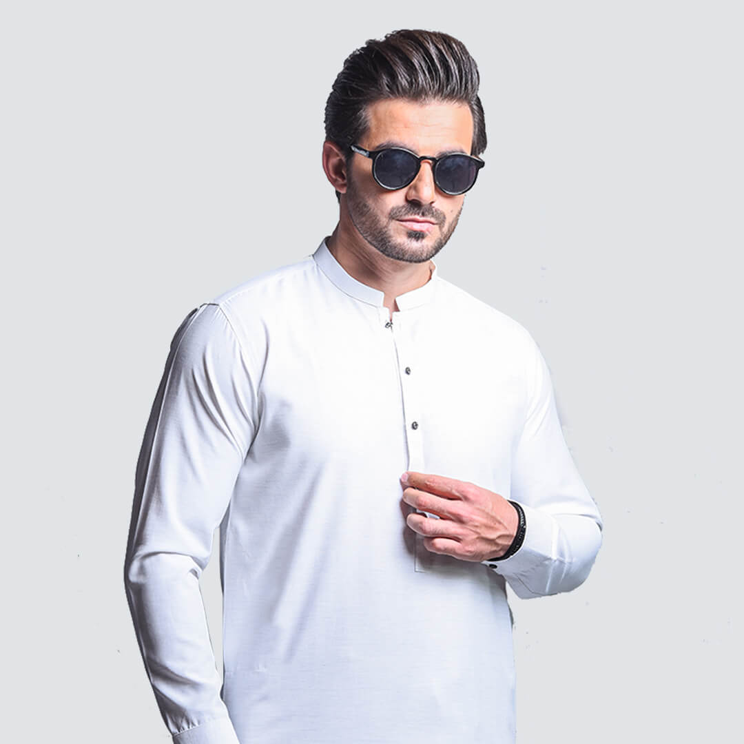 OFF WHITE LIGHT TEXTURE COTTON  SHERWANI COLLAR SHALWAR KAMEEZ by avocado menswear