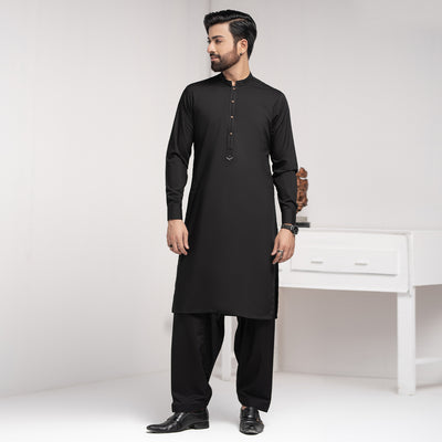 Black Premium Blanded Designer Sherwani Collar Shalwar Kameez