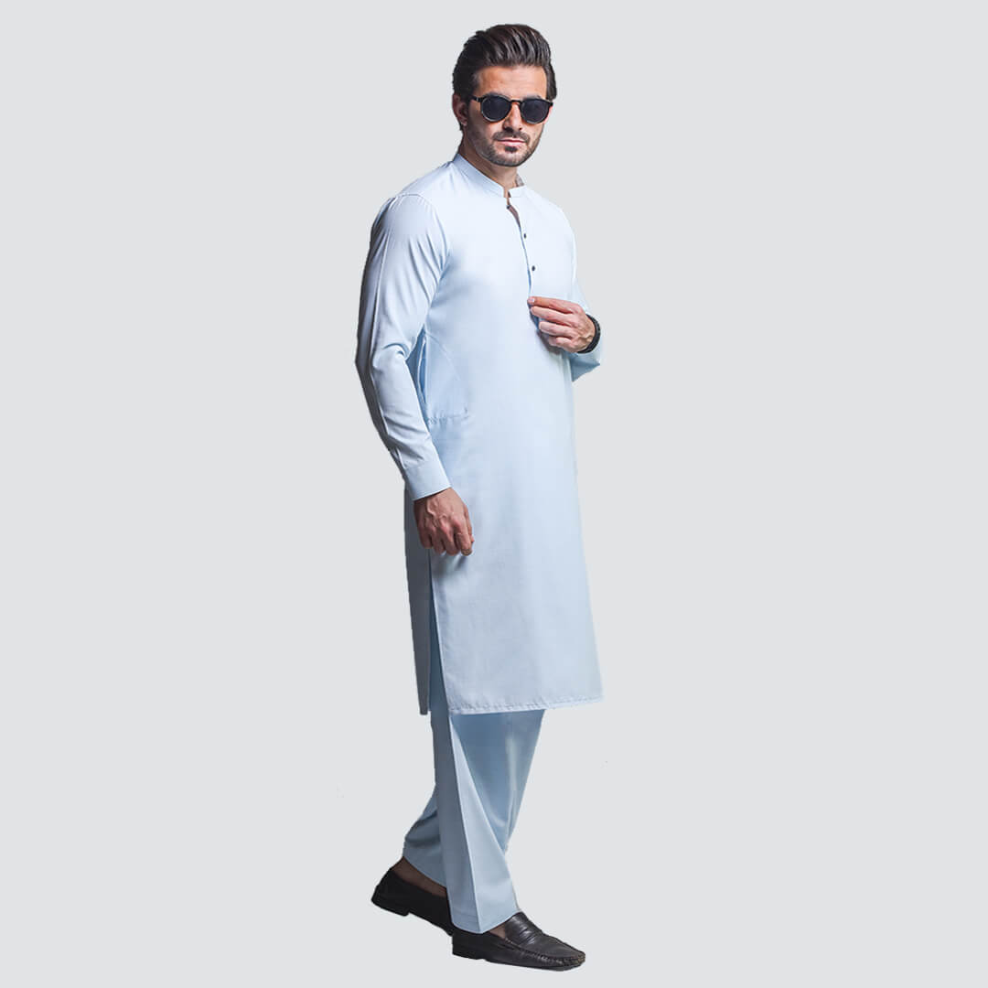 SEA GREEN LIGHT TEXTURE COTTON SHERWANI COLLAR SHALWAR KAMEEZ