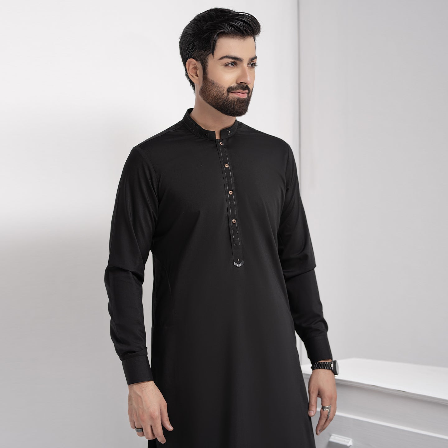 Black Premium Blanded Designer Sherwani Collar Shalwar Kameez