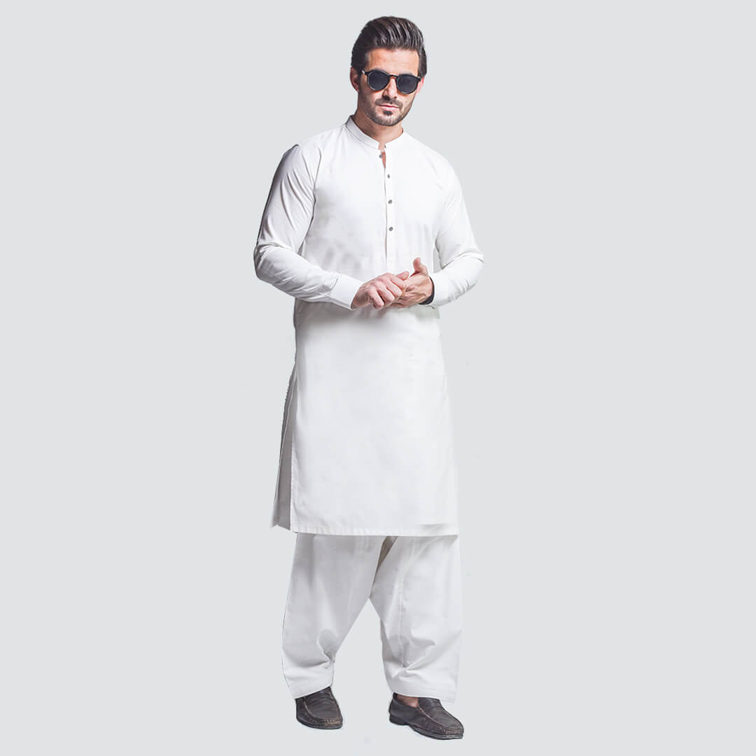 WHIITE IRISH COTTON SHERWANI COLLAR SHALWAR KAMEEZ