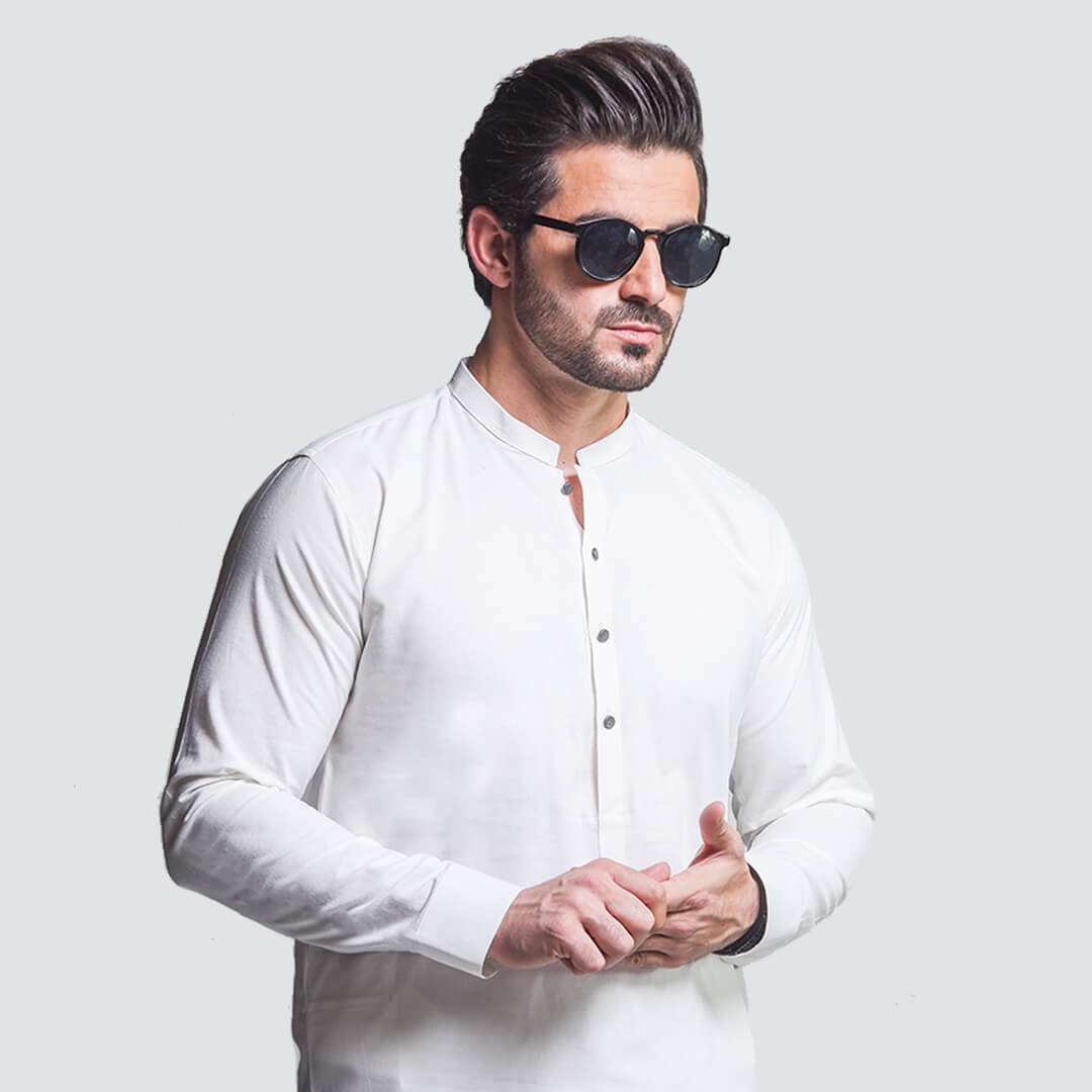 WHIITE IRISH COTTON SHERWANI COLLAR SHALWAR KAMEEZ