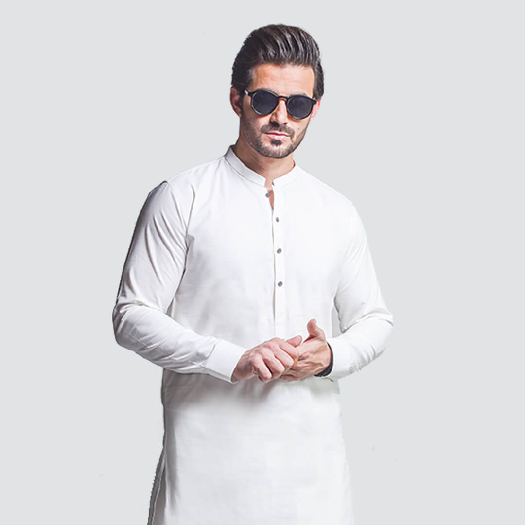 WHIITE IRISH COTTON SHERWANI COLLAR SHALWAR KAMEEZ