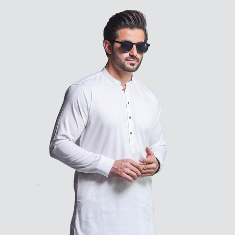 PLAIN EGG WHITE COTTON SHERWANI COLLAR SHALWAR KAMEEZ