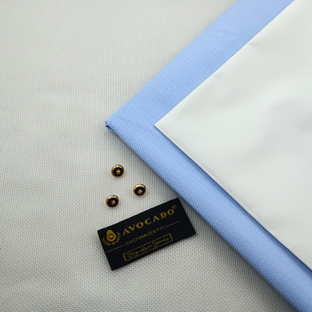 Light Blue Self Textured Kurta  & white Cotton Trouser Fabric with Buttons & Label