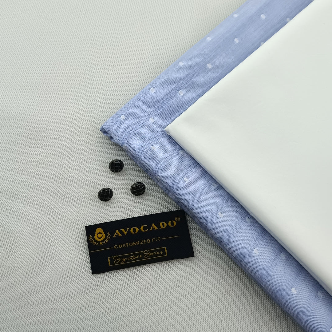 Ligth blue self white jacquard texture & Egg White Cotton Trouser fabric with Buttons & label