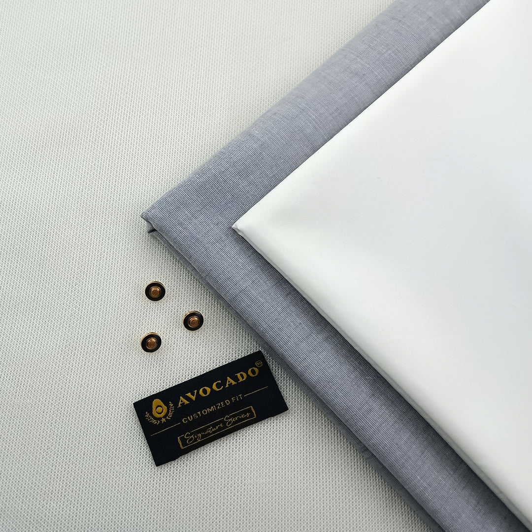 Light grey irish Kurta Fabric & Egg White Cotton Trouser fabric with Buttons & label