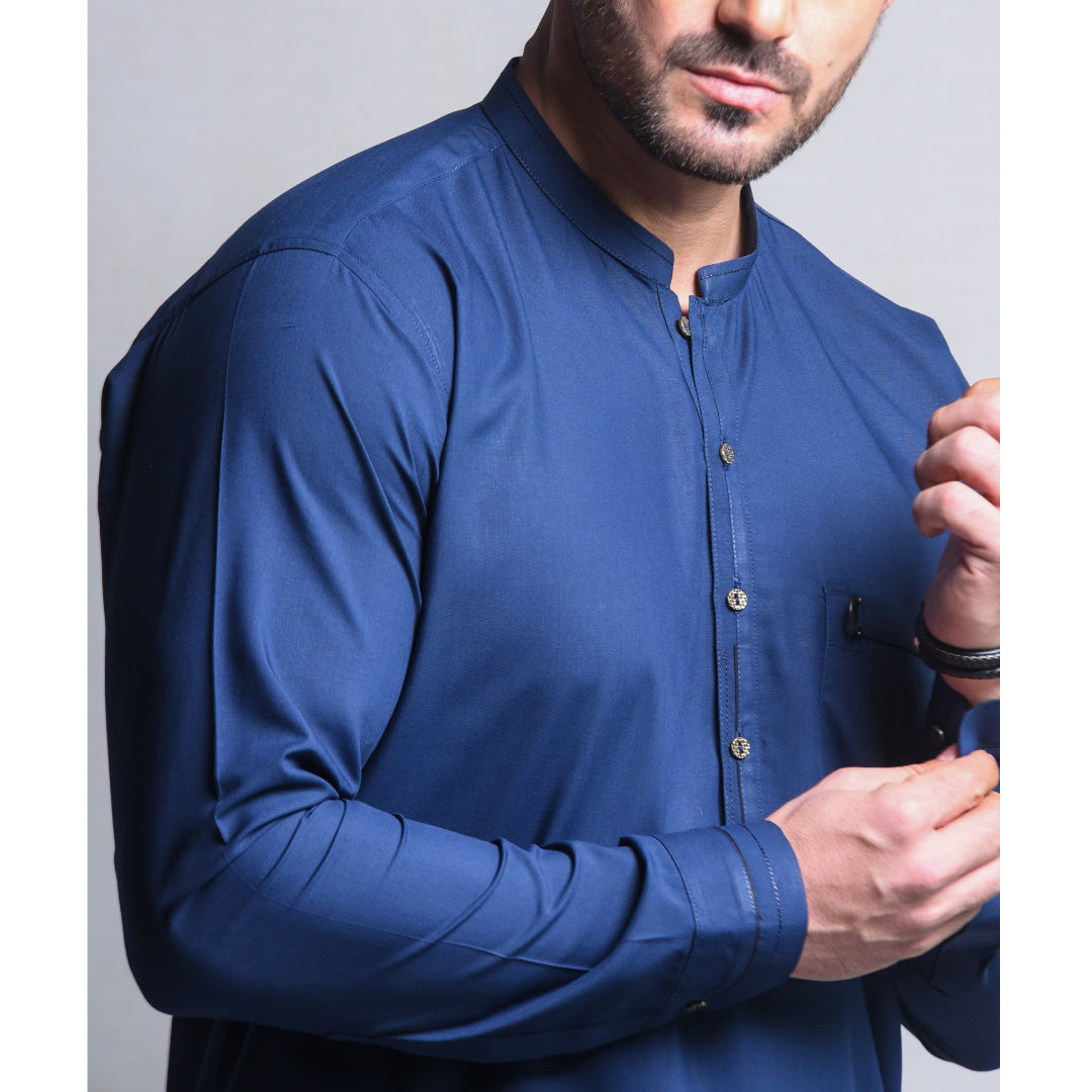 PREMIUM DARK BLUE DESIGNER BLANDED SHERWANI COLLAR SHALWAR KAMEEZ