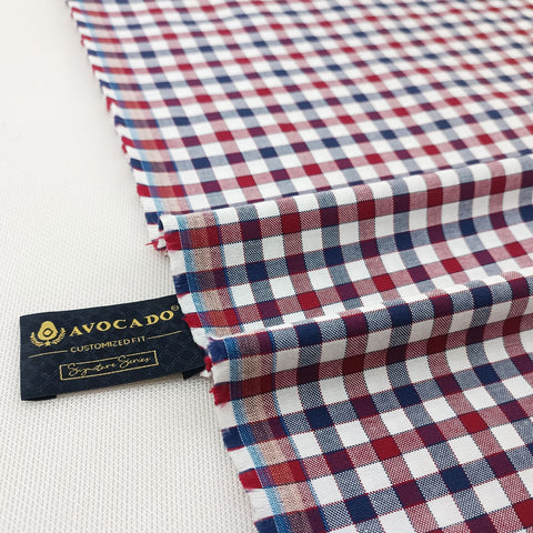Red & Navy Box Check Oxford Unstiched Shirt Fabric by avocado mens clothing